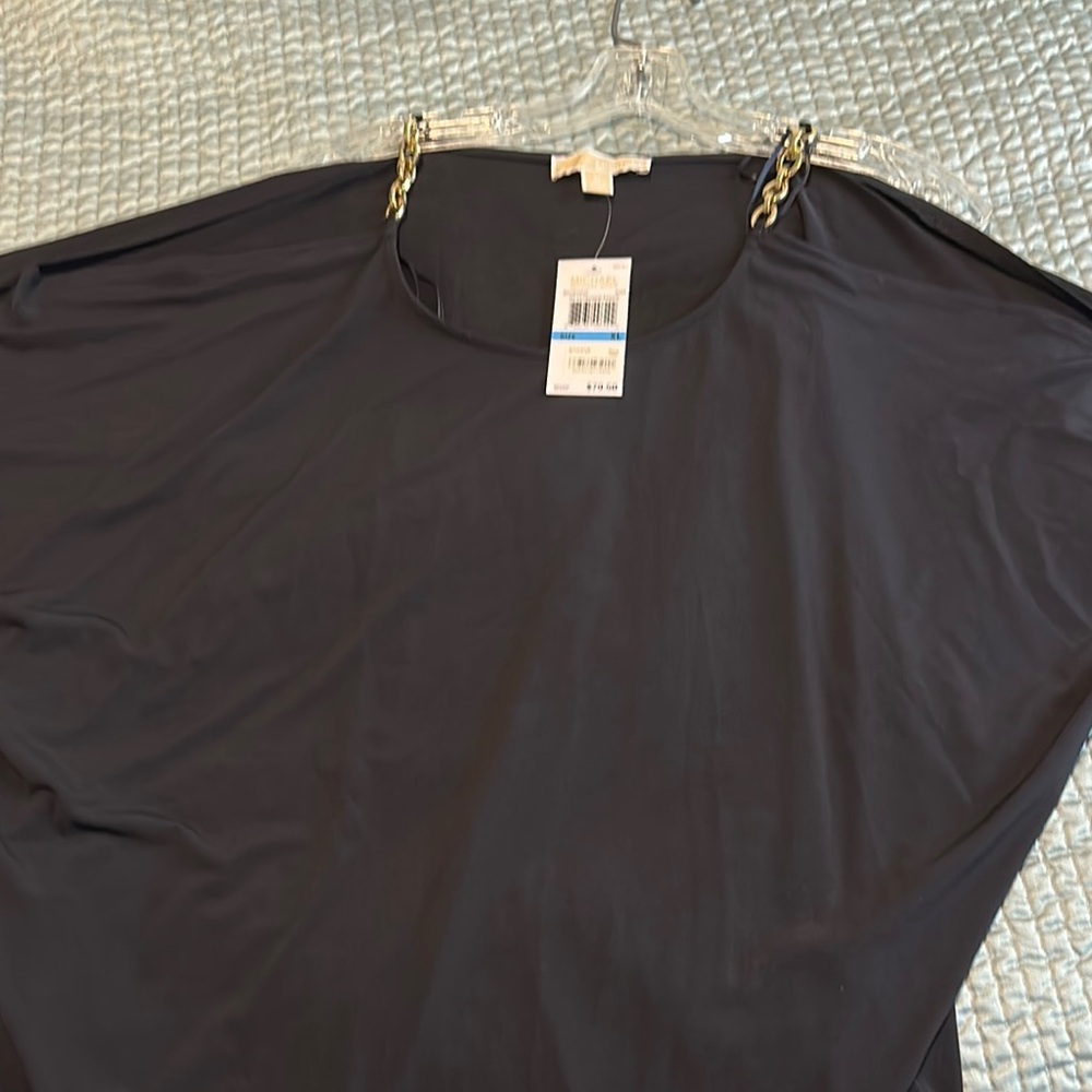 MICHAEL Michael Kors Black Sleeveless Top with Gold Chain Accents Navy Blue
